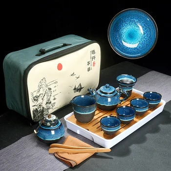 Kitajski Čaj Nastavite Modro, Oranžno Glazuro Keramični Jingdezhen temmoku glaze Lepe Nastavite Kung Fu Tea Cup prenosni Čajnik Gaiwan Skodelice Čaja
