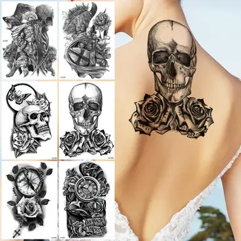 Lobanja Rose Okostje Cvet Začasne Tetovaže Za Ženske, Moške Realne Lev Kompas Vitez Ponaredek Tattoo Nalepke Nazaj Tatoos Strašno